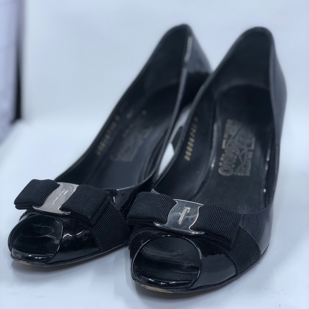 Ferragamo Black Peep-Toe Ribbon Pumps